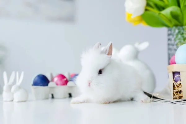 Coelho fofo por ovos pintados com decoração de Páscoa na mesa — Fotografia de Stock