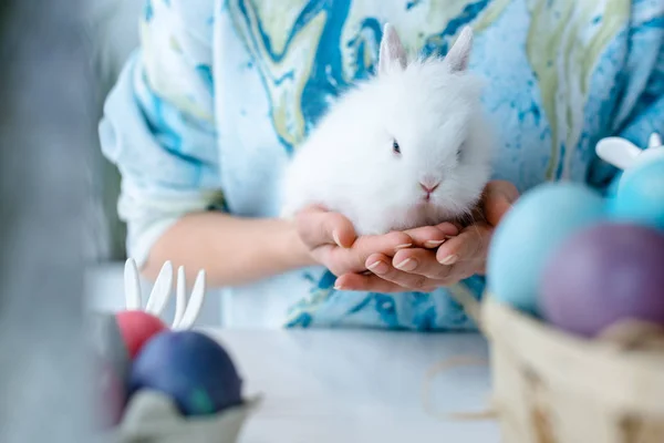 Mujer sosteniendo conejito por huevos de Pascua de colores en la mesa - foto de stock