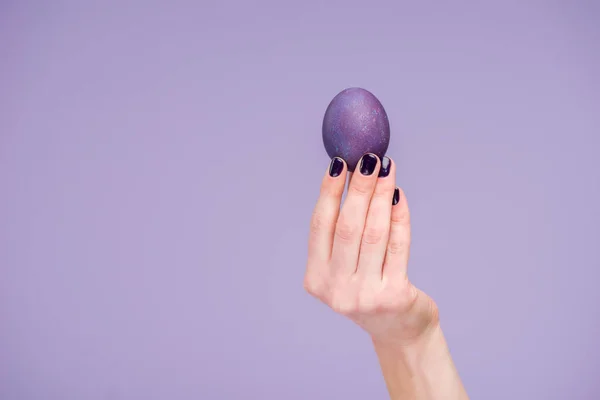 Ovo de Páscoa roxo na mão feminina isolado em violeta — Fotografia de Stock