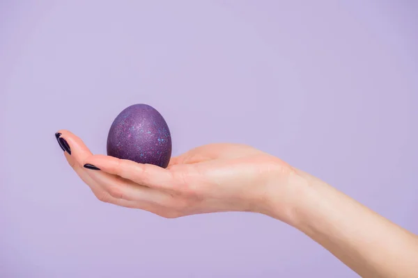 Mujer sosteniendo huevo de Pascua aislado en violeta - foto de stock