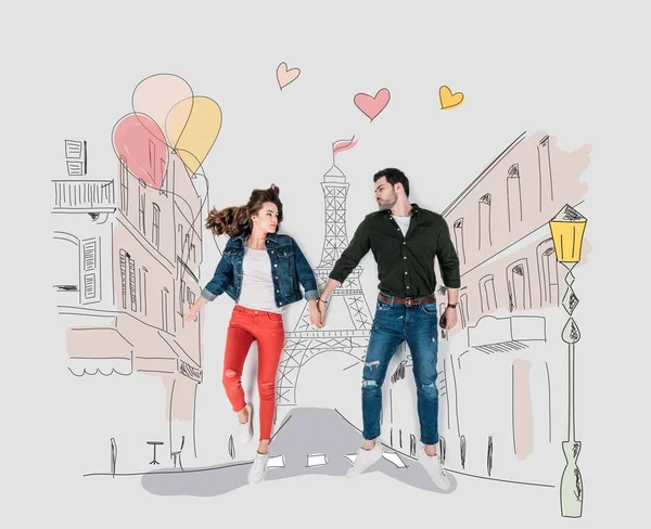 Creative hand drawn collage with couple walking by paris street — Stock Photo