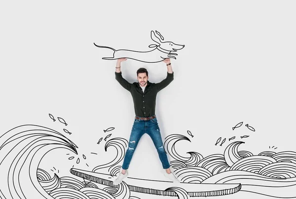 Collage dibujado a mano creativo con hombre a caballo tabla de surf y llevar perro salchicha - foto de stock