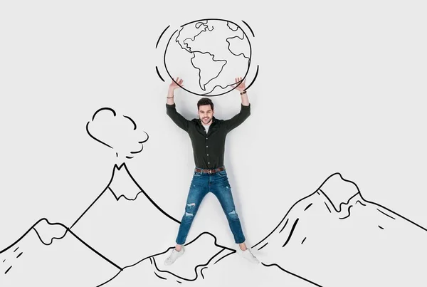 Creative hand drawn collage with strong man carrying earth — Stock Photo
