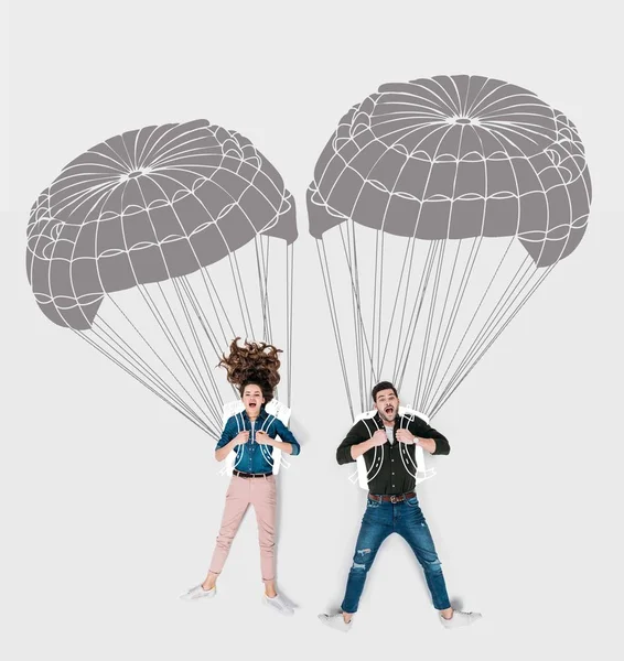 Kreative handgezeichnete Collage mit Fliegen mit Fallschirmen — Stockfoto