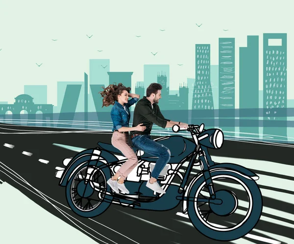 Creative hand drawn collage with couple riding motorcycle together — Stock Photo