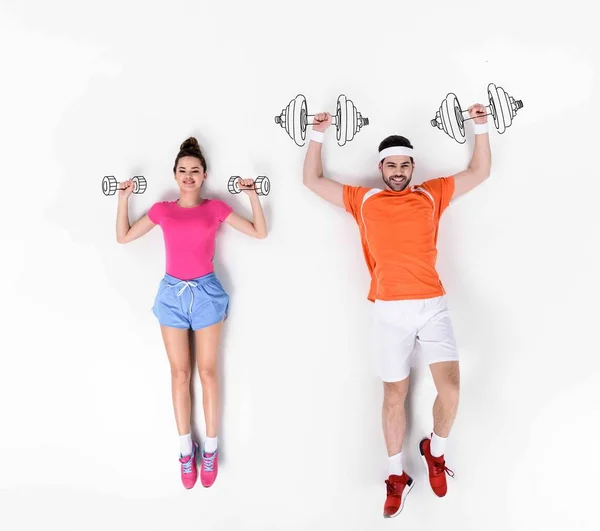 Creative hand drawn collage with couple working out with dumbbells — Stock Photo