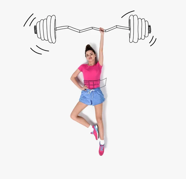 Creative hand drawn collage with woman lifting barbell with one hand — Stock Photo