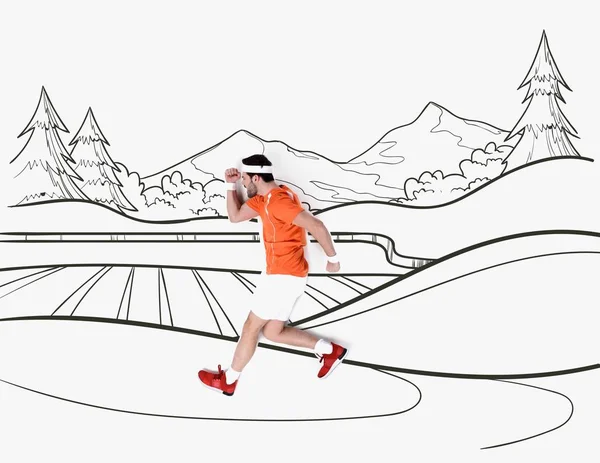 Creative hand drawn collage with with man running by mountains landscape — Stock Photo