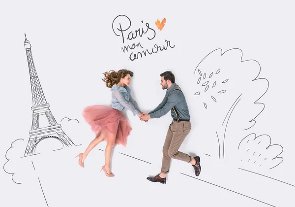 Creative hand drawn collage with couple and eiffel tower, paris mon amor sign — Stock Photo