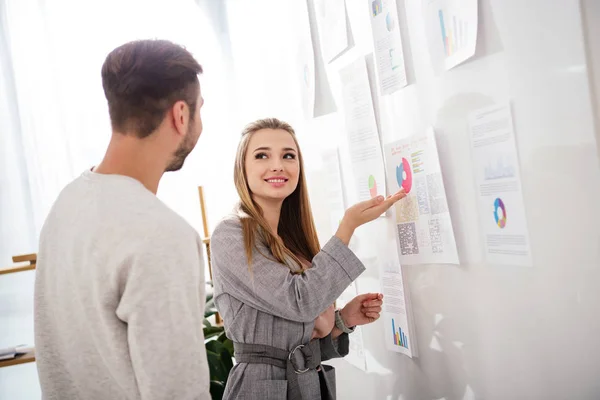 Partial view of business colleagues at white board with papers in office — Stock Photo