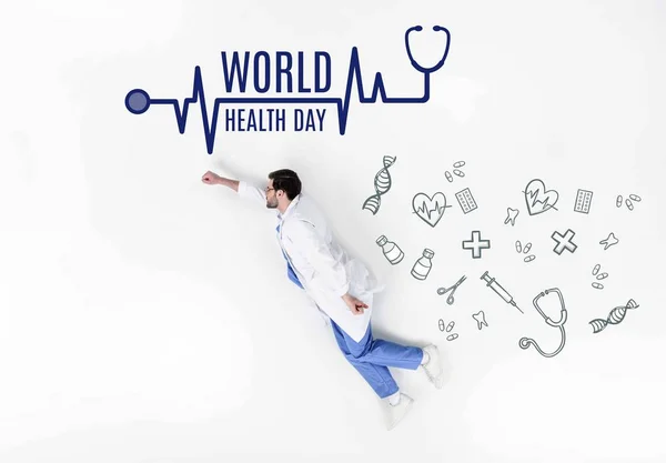 Creative collage of doctor flying like super hero with world health day inscription and medical icons — Stock Photo