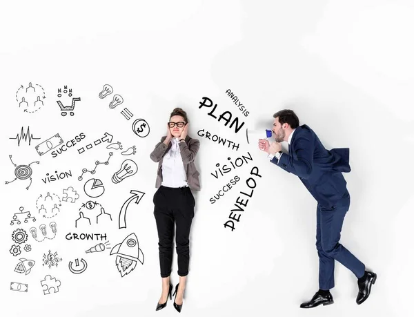 Creative collage of boss shouting at manager with loudspeaker with various business icons — Stock Photo