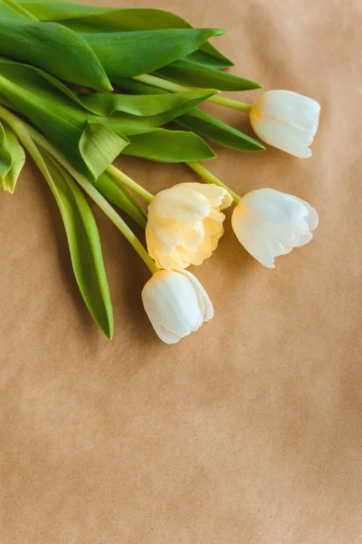 Сверху вид красивых нежных цветов тюльпана с зелеными листьями на бумаге — стоковое фото