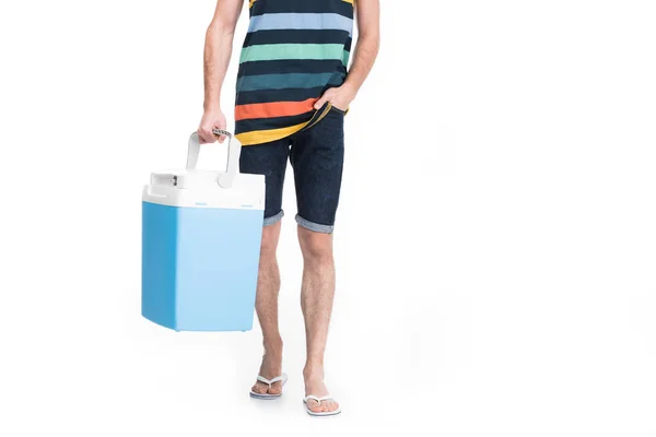 Cropped view of man holding cooler box, isolated on white — Stock Photo