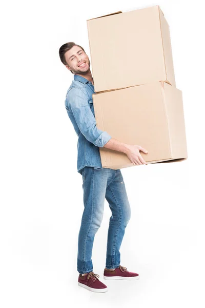 Uomo che si trasferisce con scatole di cartone, isolato su bianco — Foto stock