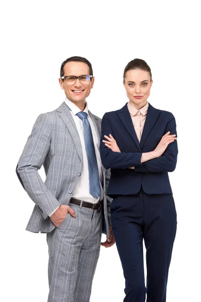 Successful adult business colleagues looking at camera isolated on white — Stock Photo