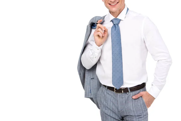 Cropped shot of smiling businessman with jacket on shoulder isolated on white — Stock Photo