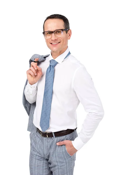 Smiling adult businessman with jacket on shoulder isolated on white — Stock Photo