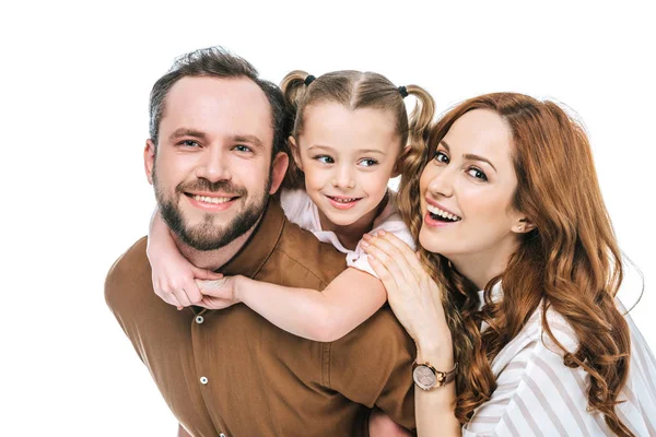 Pais felizes com adorável filhinha sorrindo para a câmera isolada no branco — Fotografia de Stock