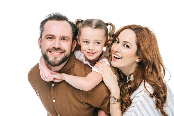 Genitori felici con adorabile figlioletta sorridente alla macchina fotografica isolata su bianco — Foto stock