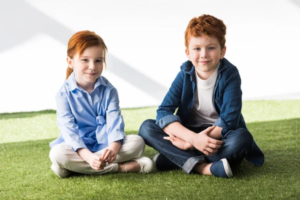 Lindo feliz pelirroja niños sentado juntos en la hierba y sonriendo a la cámara en gris - foto de stock