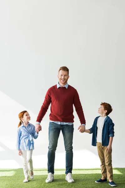 Glücklicher Vater mit entzückend lächelnden Kindern, die Händchen halten, während sie auf dem Gras stehen — Stockfoto