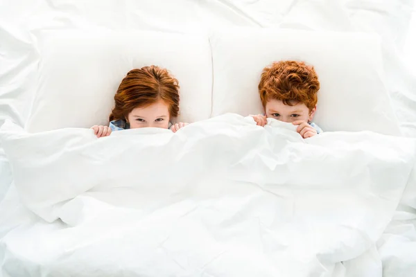 Top view of cute little redhead children hiding under blanket in bed — Stock Photo
