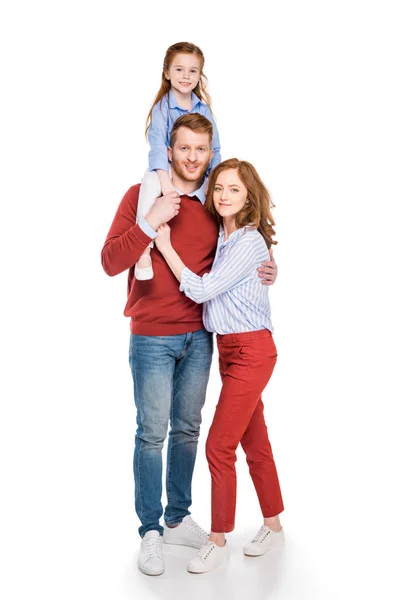 Padres felices con linda hijita sonriendo a la cámara aislada en blanco - foto de stock