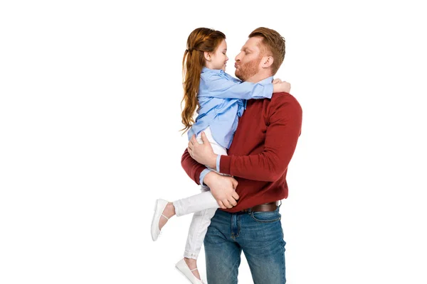 Happy father and daughter smiling each other and hugging isolated on white — Stock Photo