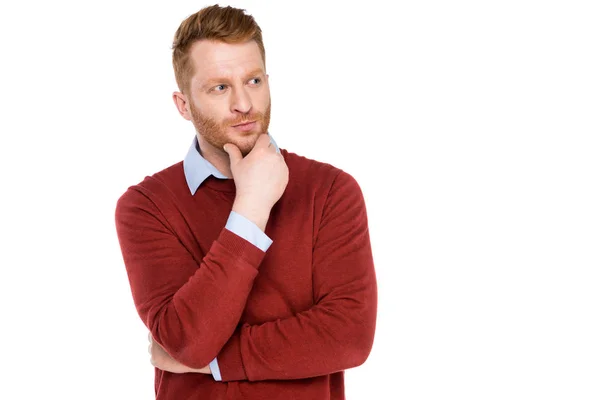 Schöner bärtiger Mann mit der Hand am Kinn, der isoliert auf weißem Grund wegschaut — Stockfoto