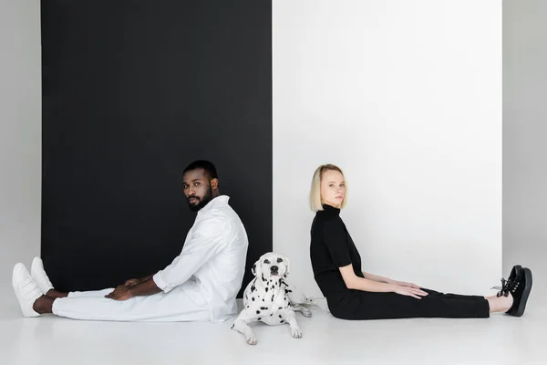 Vue latérale du couple multiculturel assis avec chien dalmate sur le sol — Photo de stock