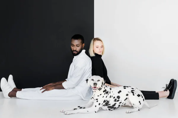 Vista lateral de la pareja multicultural sentado espalda con espalda con perro dálmata en el suelo, yin yang concepto - foto de stock