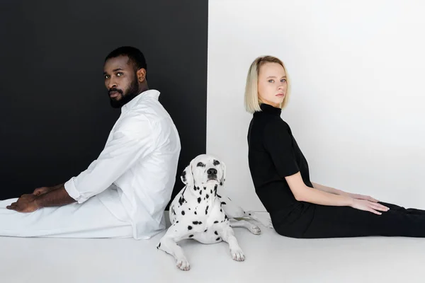 Vue latérale du couple multiculturel assis dos à dos avec chien dalmate sur le sol — Photo de stock