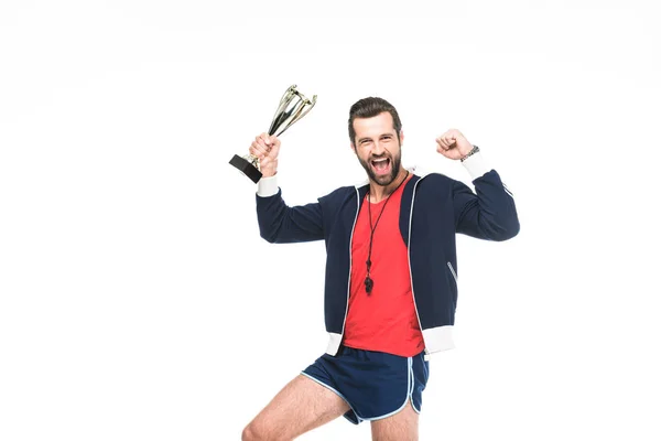 Excited sportive trainer yelling and holding award, isolated on white — Stock Photo