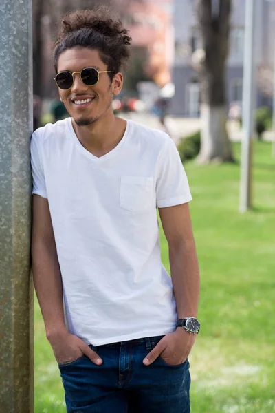 Portrait of handsome young african american man in sunglasses standing with hands in pockets at sunny day — Stock Photo