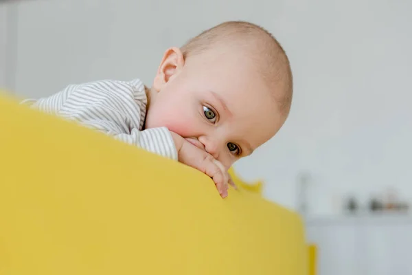 Adorable infant baby boy on yellow sofa — Stock Photo