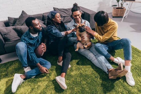 High angle view of smiling young multicultural friends with french bulldog — Stock Photo