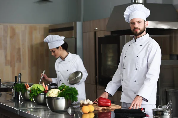 Equipe profissional de cozinheiros ocupados na cozinha moderna restaurante — Fotografia de Stock