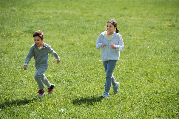 Hermana y hermano corriendo en el prado en el parque - foto de stock