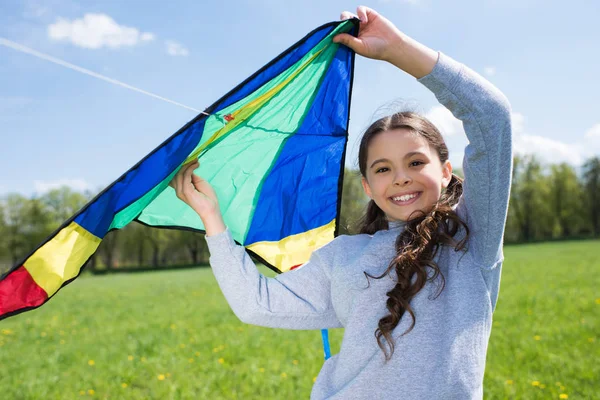 Niño feliz sosteniendo cometa en el prado en el parque - foto de stock