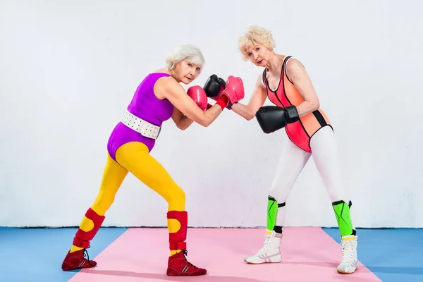 В полный рост пожилые женщины в боксерских перчатках тренируются и смотрят в камеру — стоковое фото