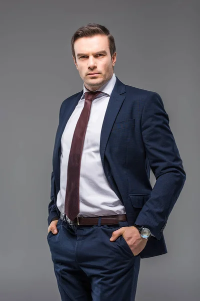 Hombre de negocios guapo en ropa formal con las manos en los bolsillos, aislado en gris - foto de stock