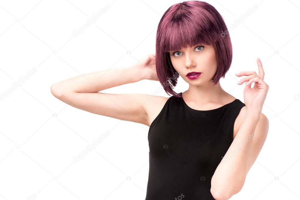 young stylish woman with purple hair