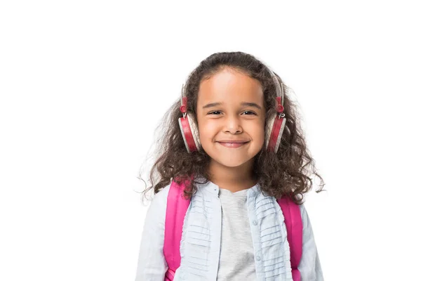 Afro-Amerikaanse schoolmeisje in hoofdtelefoons — Stockfoto