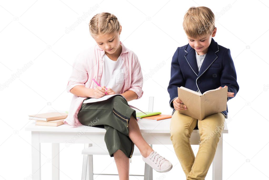 adorable schoolkids studying together