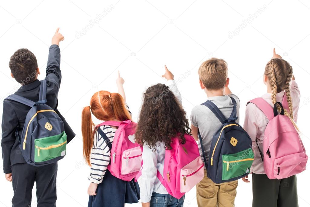 multiethnic children with backpacks