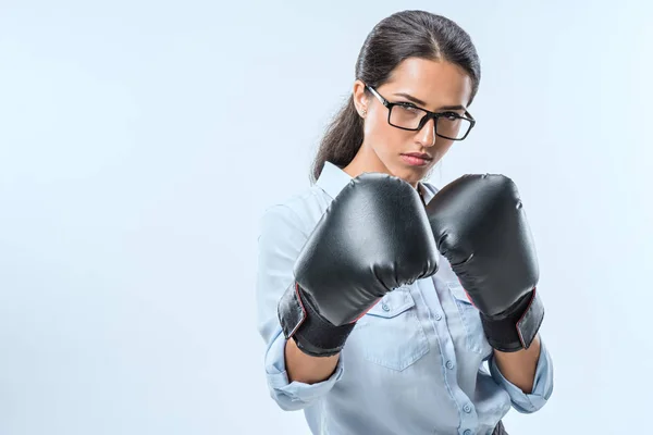 Businesswoman in boxer gloves — Stock Photo, Image