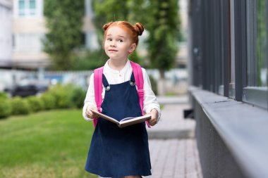 Kızıl saçlı kız öğrenci holding kitap