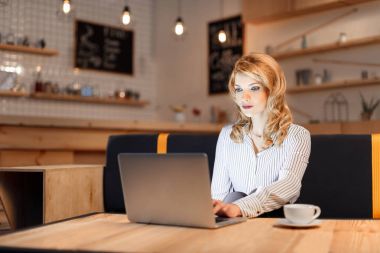 Üzletasszony használ a laptop a kávézóbankafede dizüstü kullanarak iş kadını