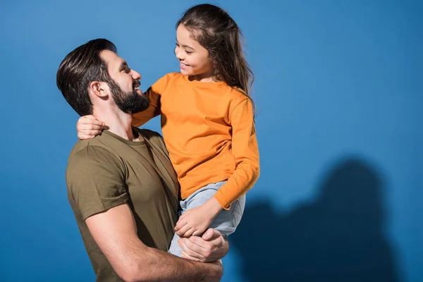 Handsome Father Holding Smiling Daughter Blue — Stock Photo, Image